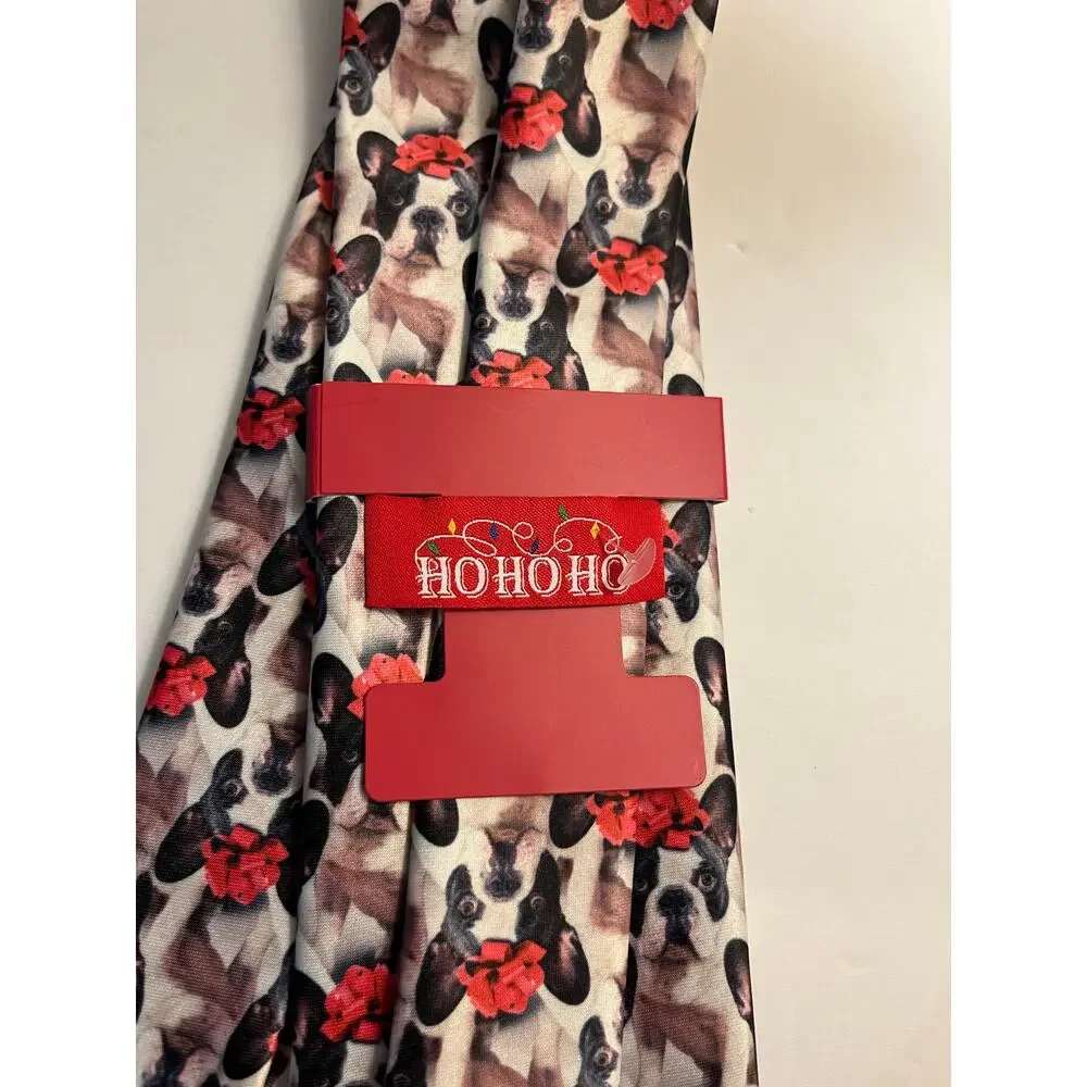 French Bulldog With Red Bow Necktie Festive Dog Print Novelty Tie HoHoHo